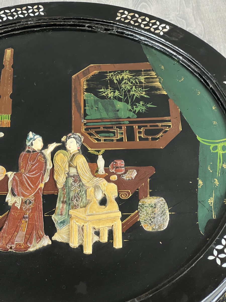 Black-lacquered Chinese Coffee Table With Hardstone Inlays Under Glass, 20th Century-photo-4