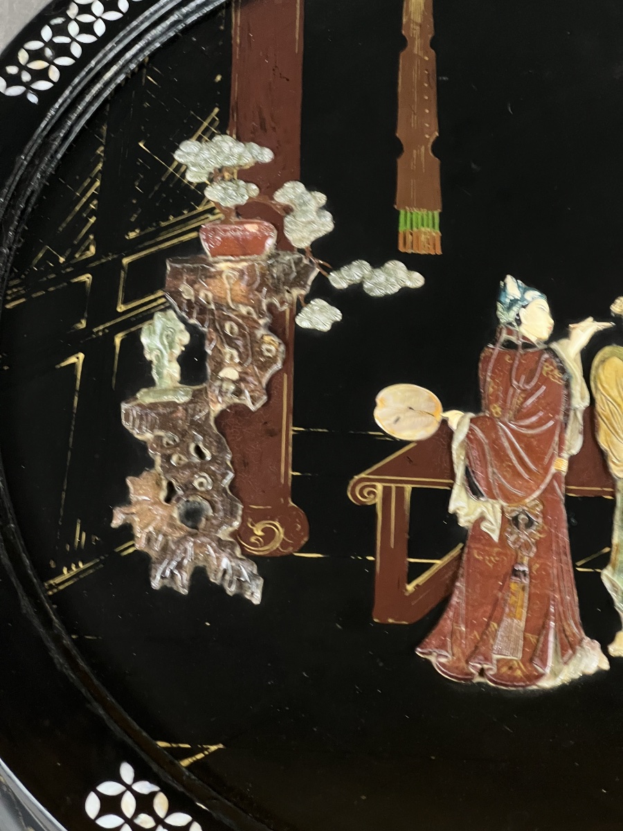 Black-lacquered Chinese Coffee Table With Hardstone Inlays Under Glass, 20th Century-photo-6
