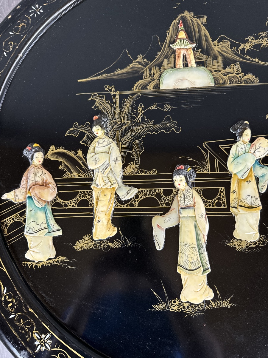 Table asiatique en bois laqué noir avec quatre tabourets, XXe Siècle-photo-4