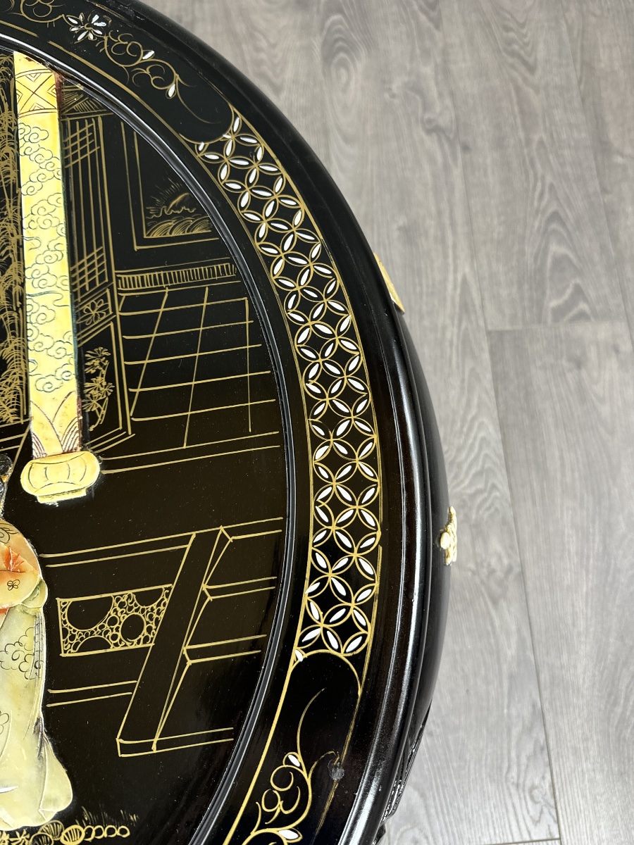 Table asiatique en bois laqué noir avec quatre tabourets, XXe Siècle-photo-2