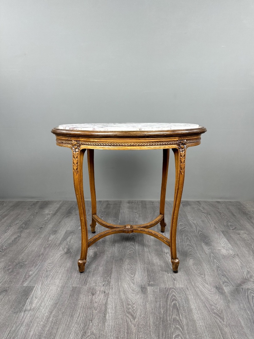 Table guéridon ovale en bois sculpté et marbre, style Louis XVI, XIX Siècle-photo-2