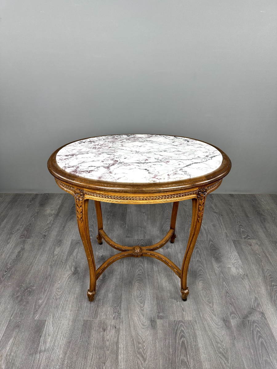 Table guéridon ovale en bois sculpté et marbre, style Louis XVI, XIX Siècle-photo-3