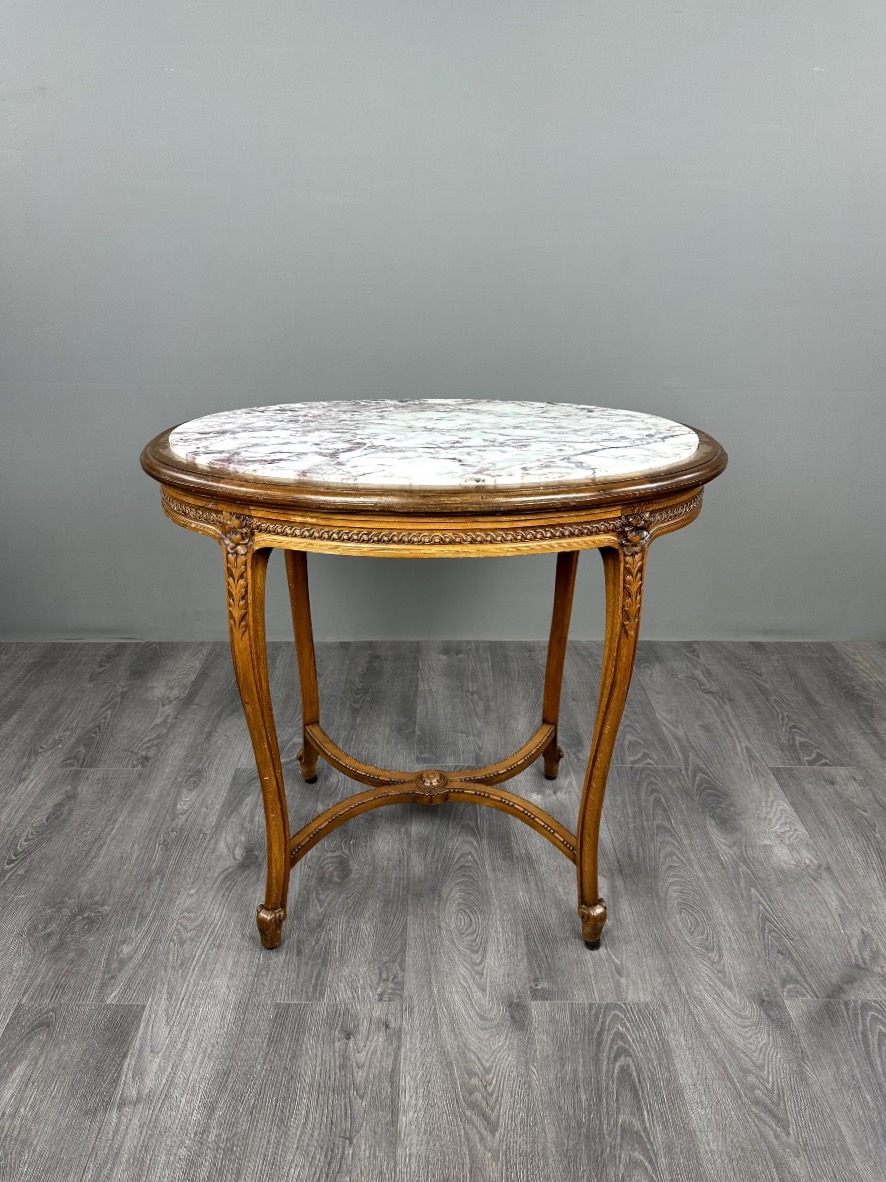 Table guéridon ovale en bois sculpté et marbre, style Louis XVI, XIX Siècle-photo-4