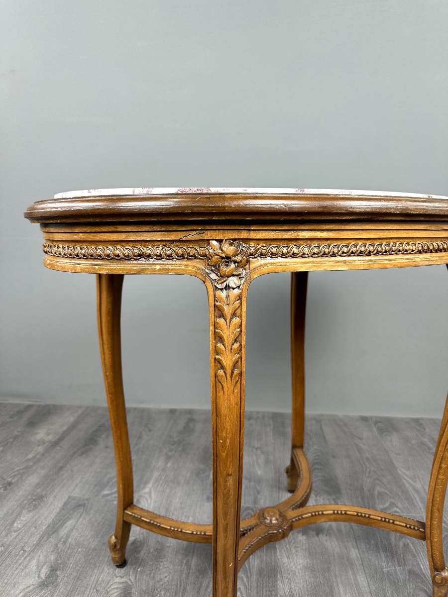 Table guéridon ovale en bois sculpté et marbre, style Louis XVI, XIX Siècle-photo-2