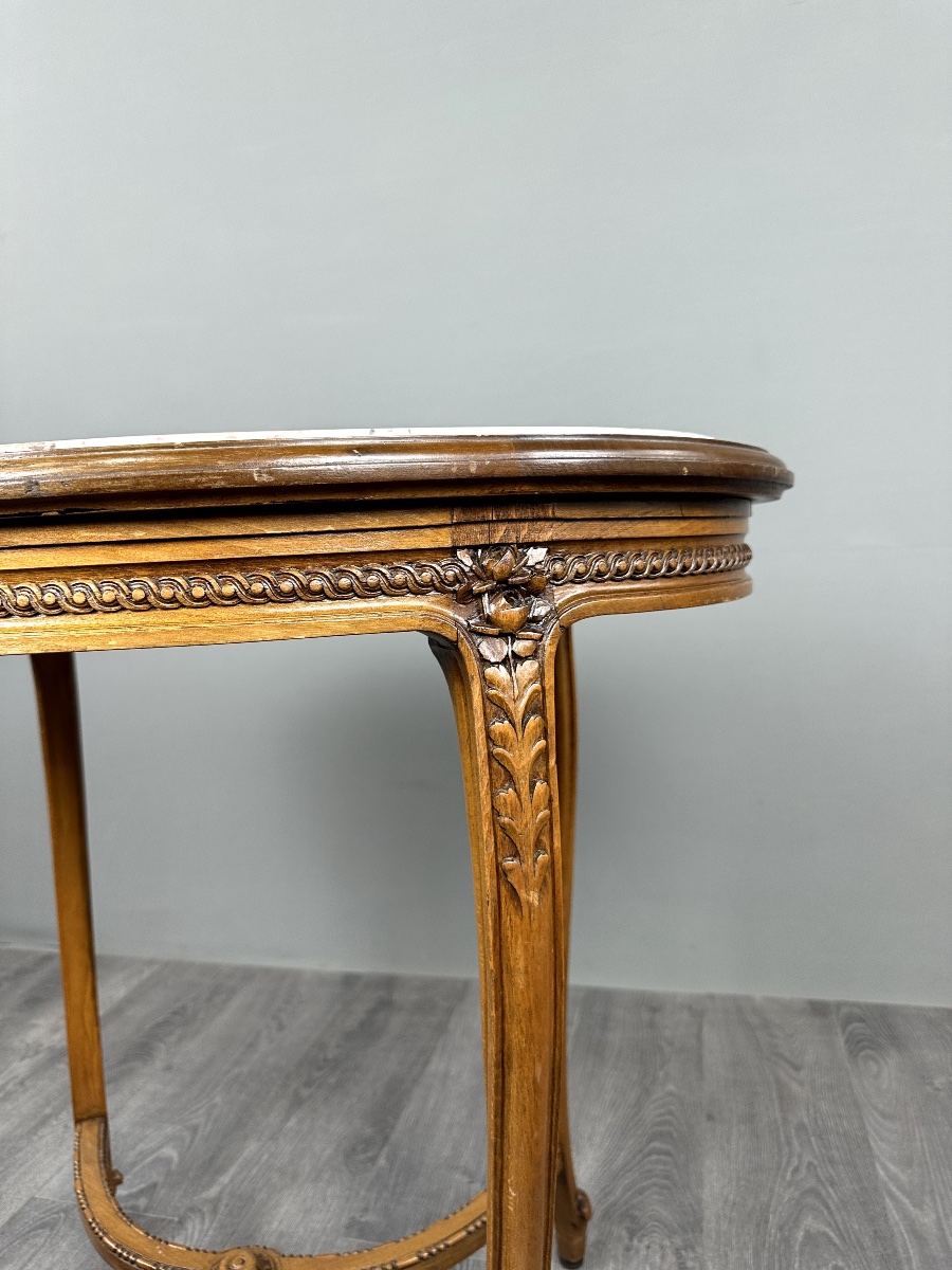 Table guéridon ovale en bois sculpté et marbre, style Louis XVI, XIX Siècle-photo-3