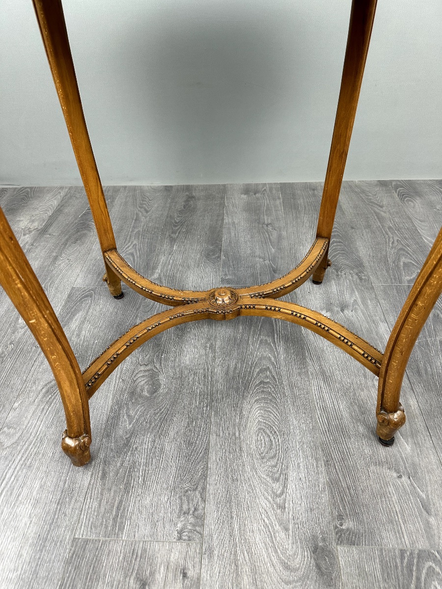 Table guéridon ovale en bois sculpté et marbre, style Louis XVI, XIX Siècle-photo-4