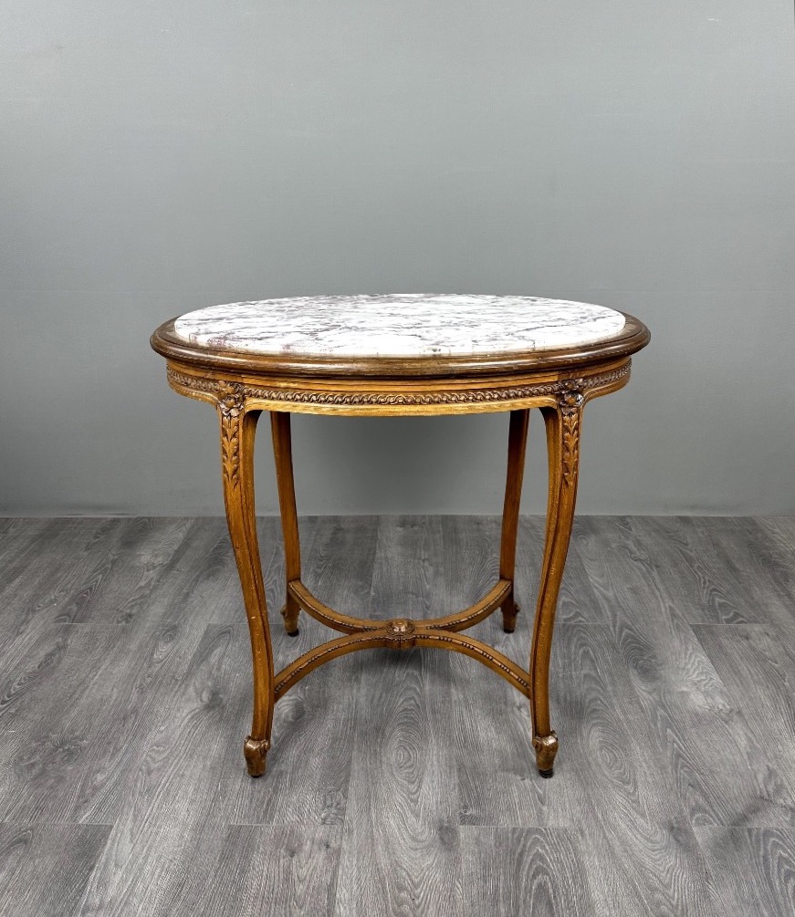 Table guéridon ovale en bois sculpté et marbre, style Louis XVI, XIX Siècle