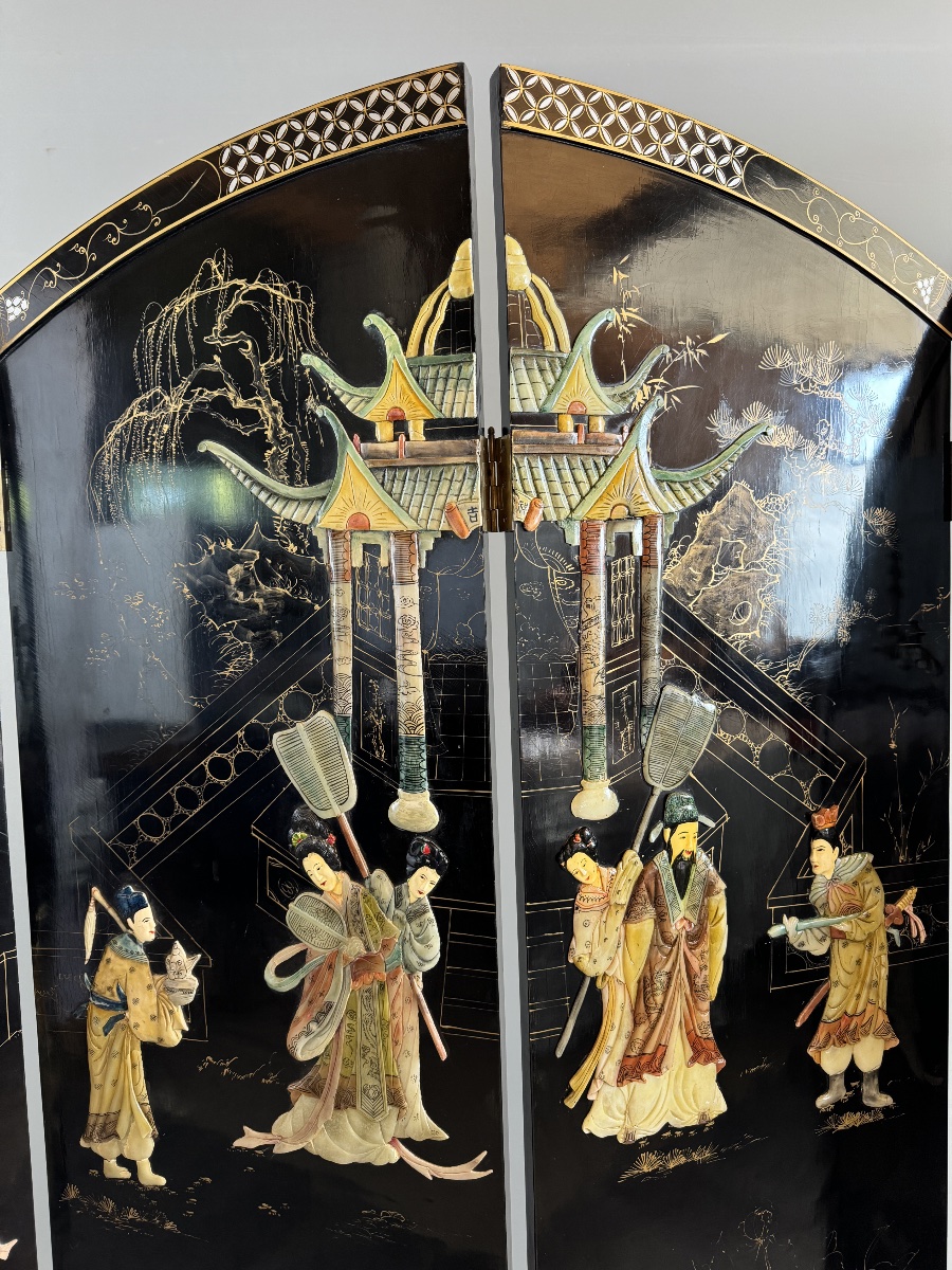 Paravent chinois en laque noire, XXe Siècle-photo-2