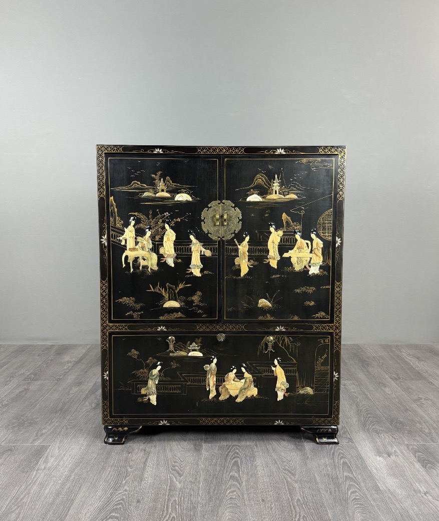 Chinese Cabinet In Black Lacquer With Hand-painted Decoration, 20th Century