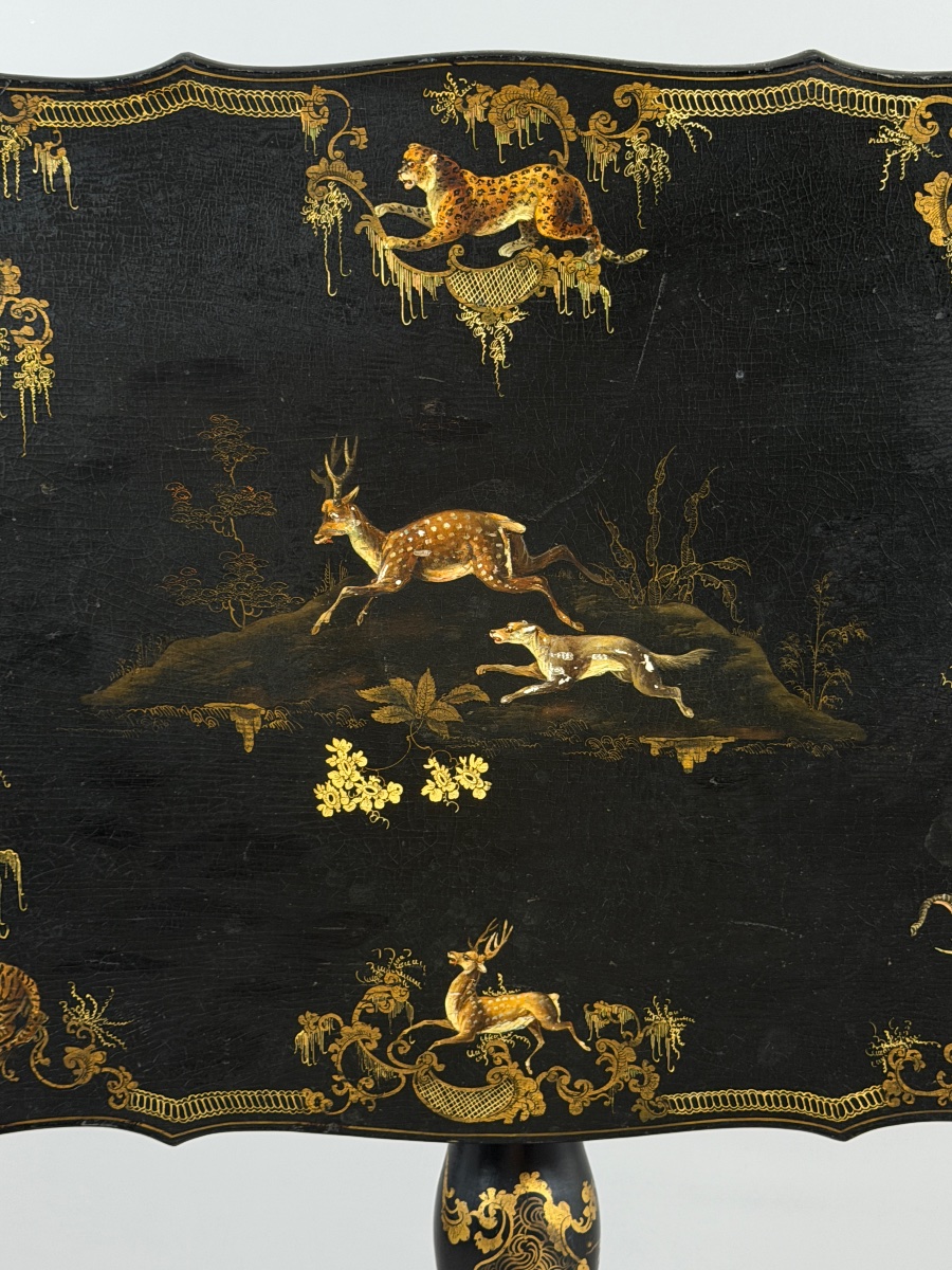 Table pliante Napoléon III en bois laqué noir et décor doré, XIXe siècle-photo-4