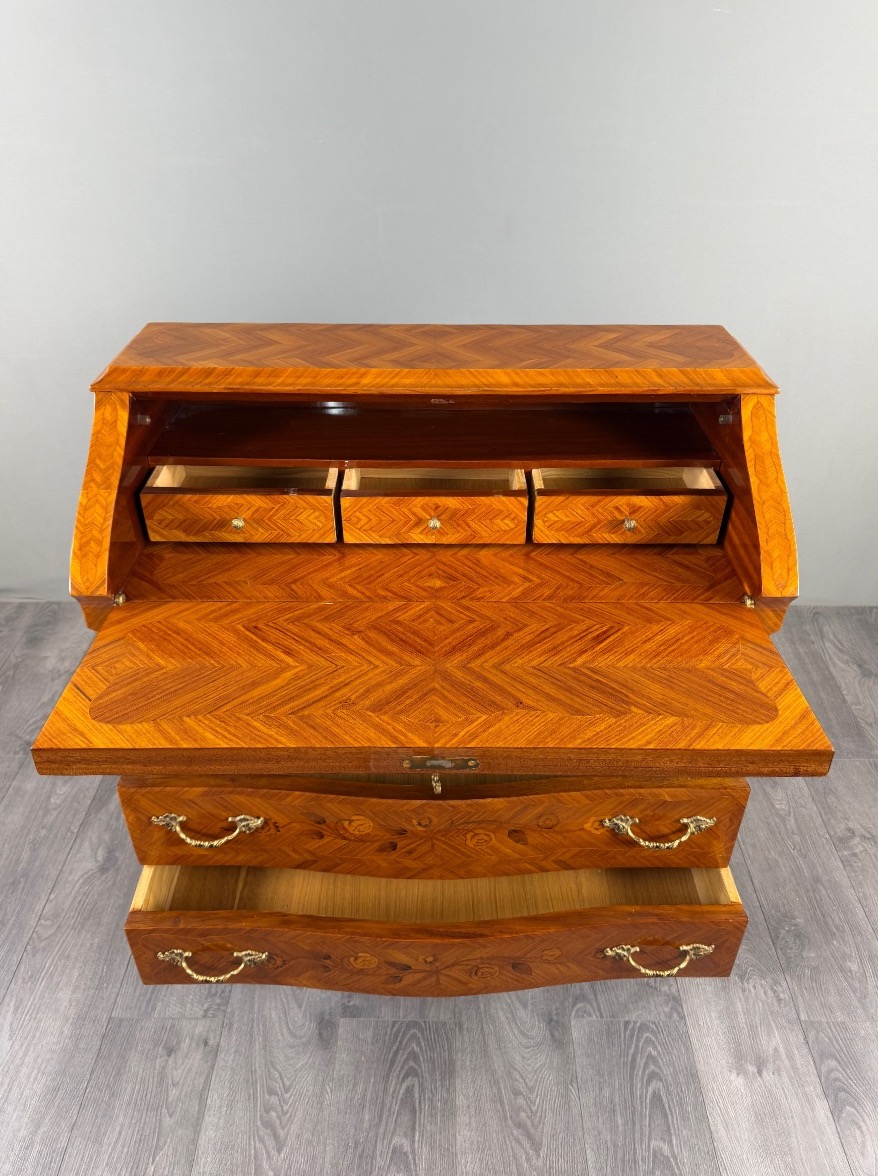 Secrétaire à abattant de style Louis XV en bois de placage et marqueterie, XIXe Siècle-photo-4