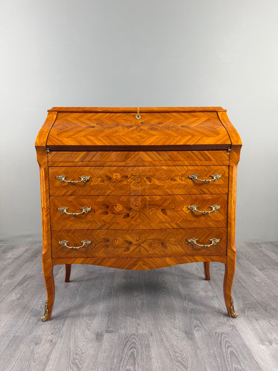 Secrétaire à abattant de style Louis XV en bois de placage et marqueterie, XIXe Siècle-photo-1