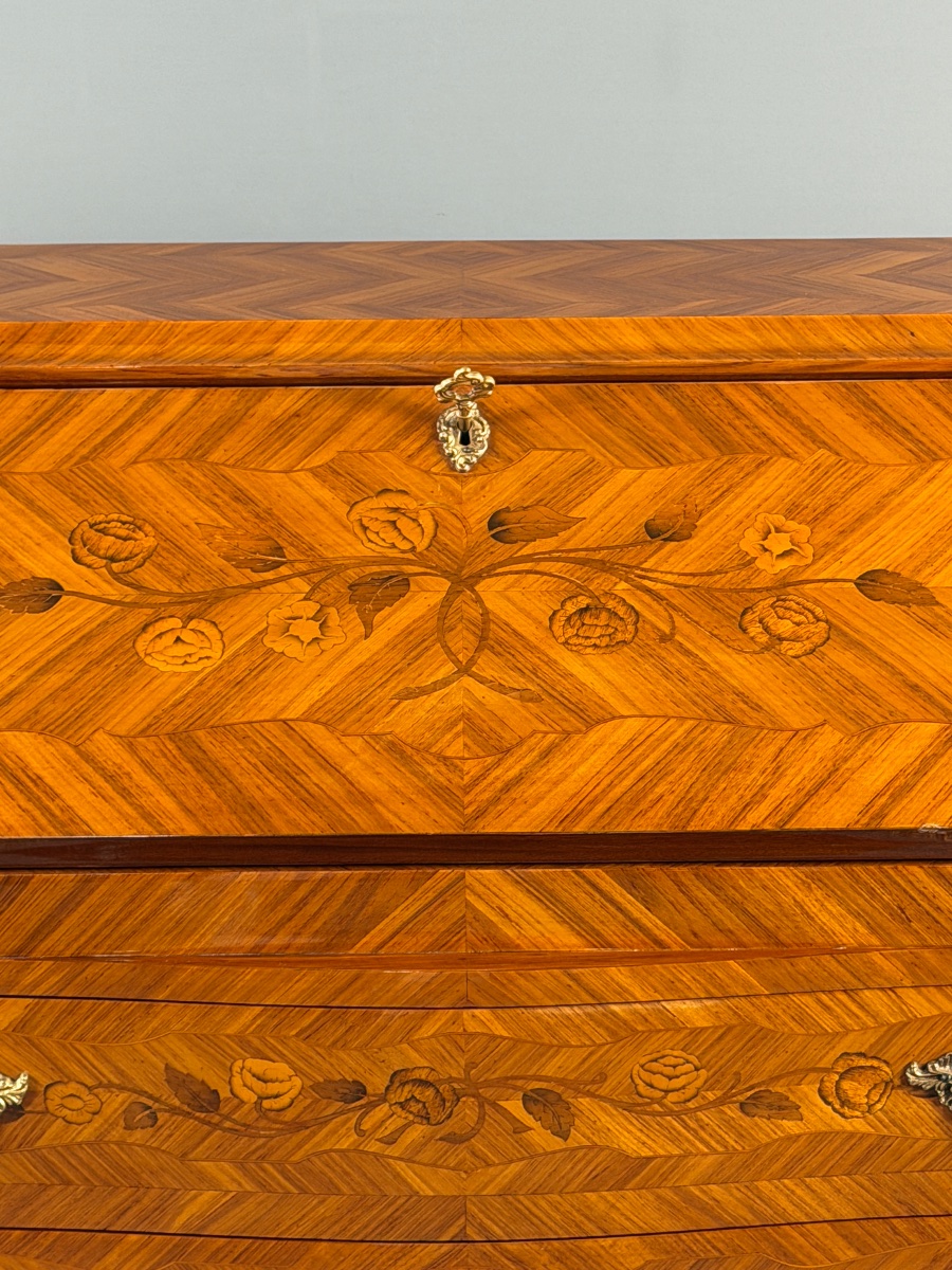 Secrétaire à abattant de style Louis XV en bois de placage et marqueterie, XIXe Siècle-photo-2