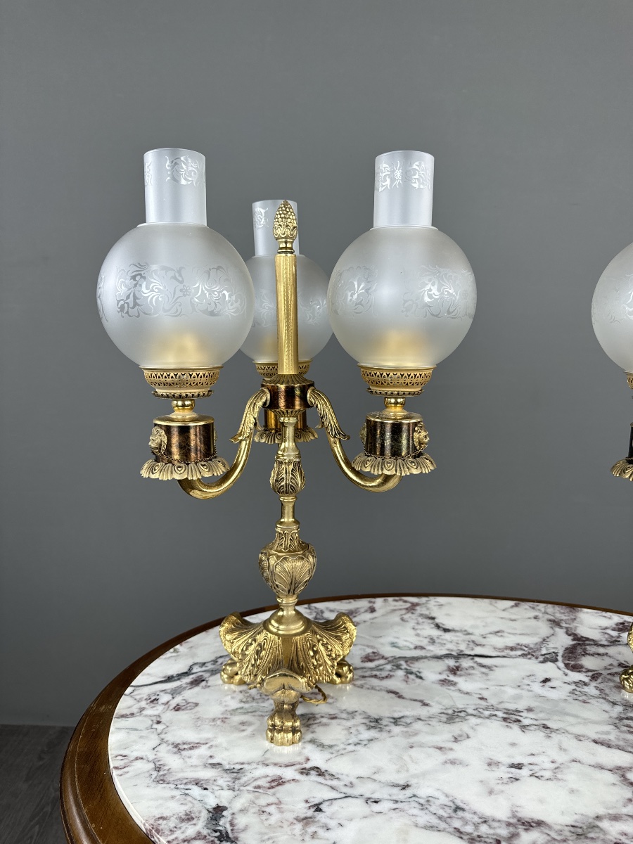 Pair Of Three-light Bronze Candelabras, 20th Century-photo-2