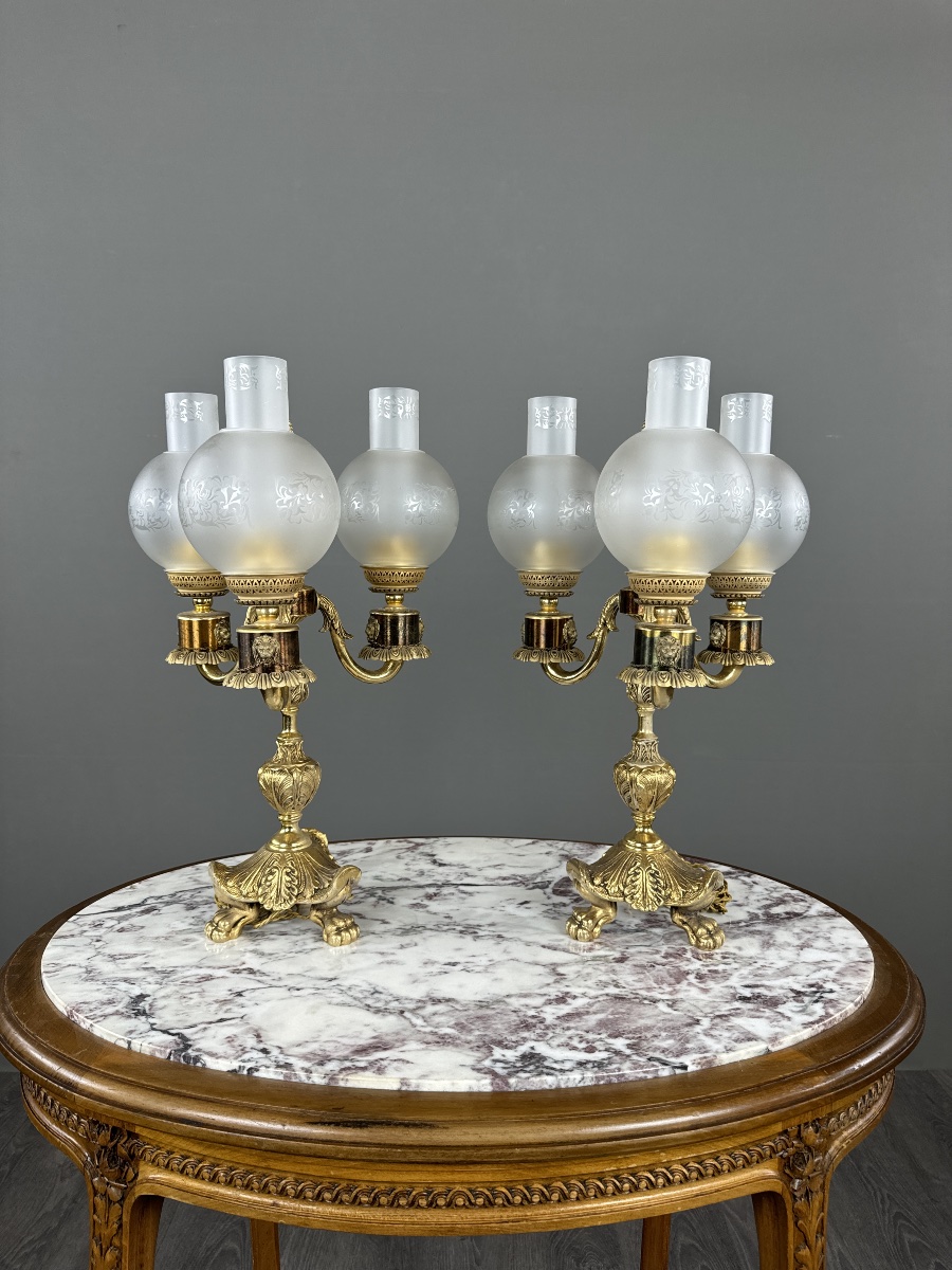 Pair Of Three-light Bronze Candelabras, 20th Century-photo-4