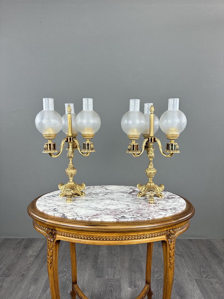 Pair Of Three-light Bronze Candelabras, 20th Century
