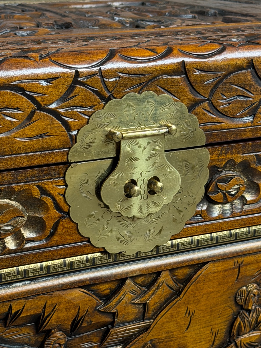 Asian Carved Wooden Chest, 20th Century-photo-1