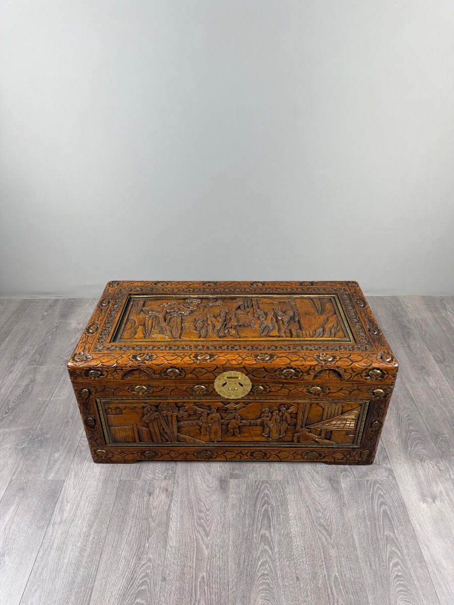 Asian Carved Wooden Chest, 20th Century-photo-2