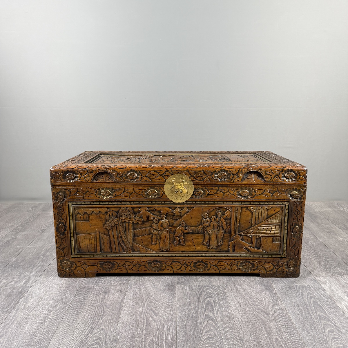 Asian Carved Wooden Chest, 20th Century-photo-5
