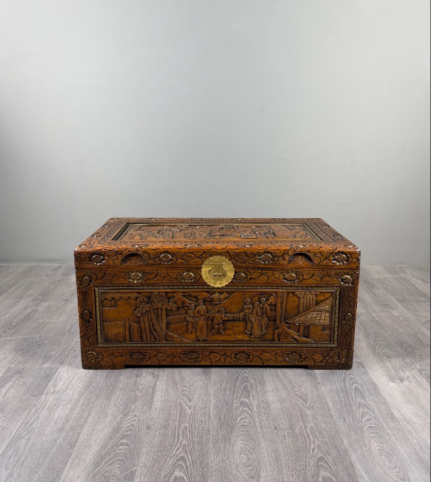 Asian Carved Wooden Chest, 20th Century