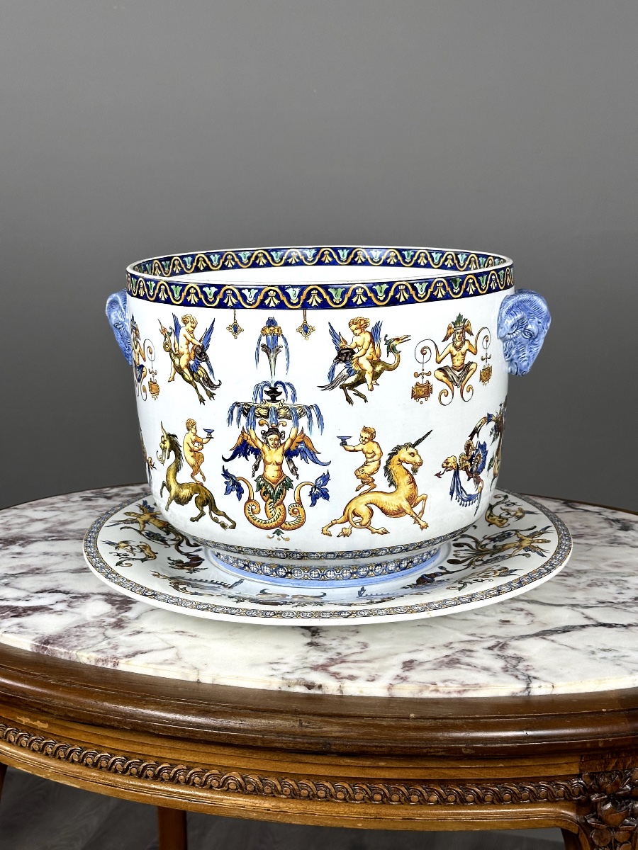Cache-pot et son présentoir Gien, Collection Renaissance, XXe Siècle-photo-4