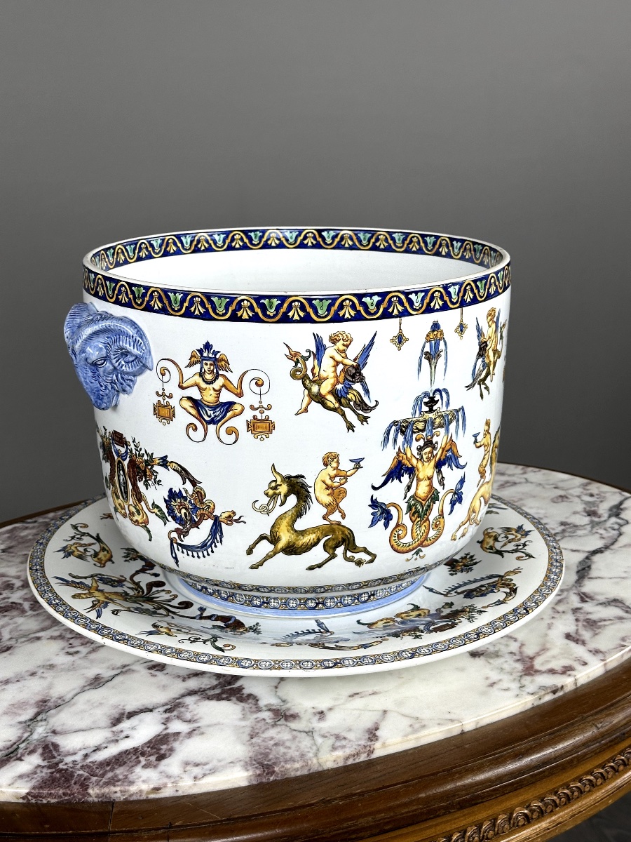 Cache-pot et son présentoir Gien, Collection Renaissance, XXe Siècle-photo-1