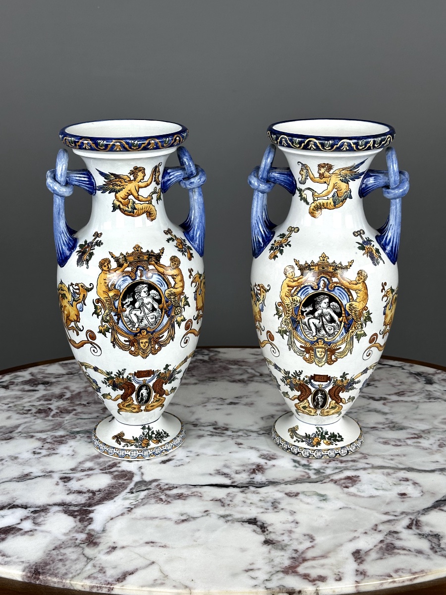 Pair Of Gien Vases, Renaissance Collection, 20th Century-photo-3