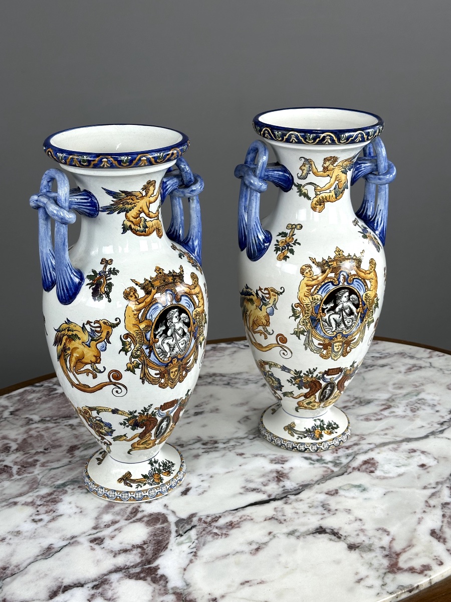 Pair Of Gien Vases, Renaissance Collection, 20th Century-photo-4
