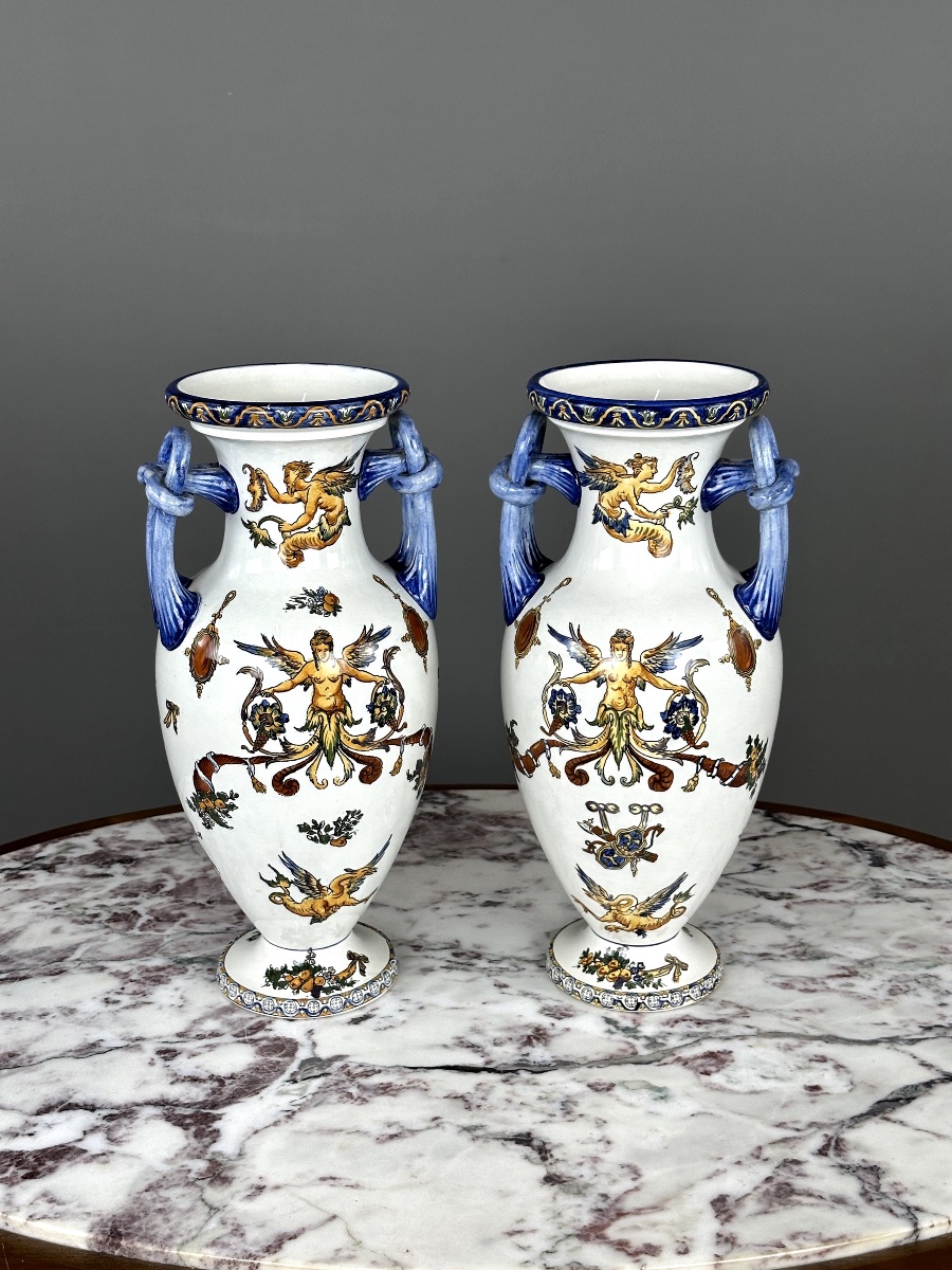 Pair Of Gien Vases, Renaissance Collection, 20th Century-photo-1
