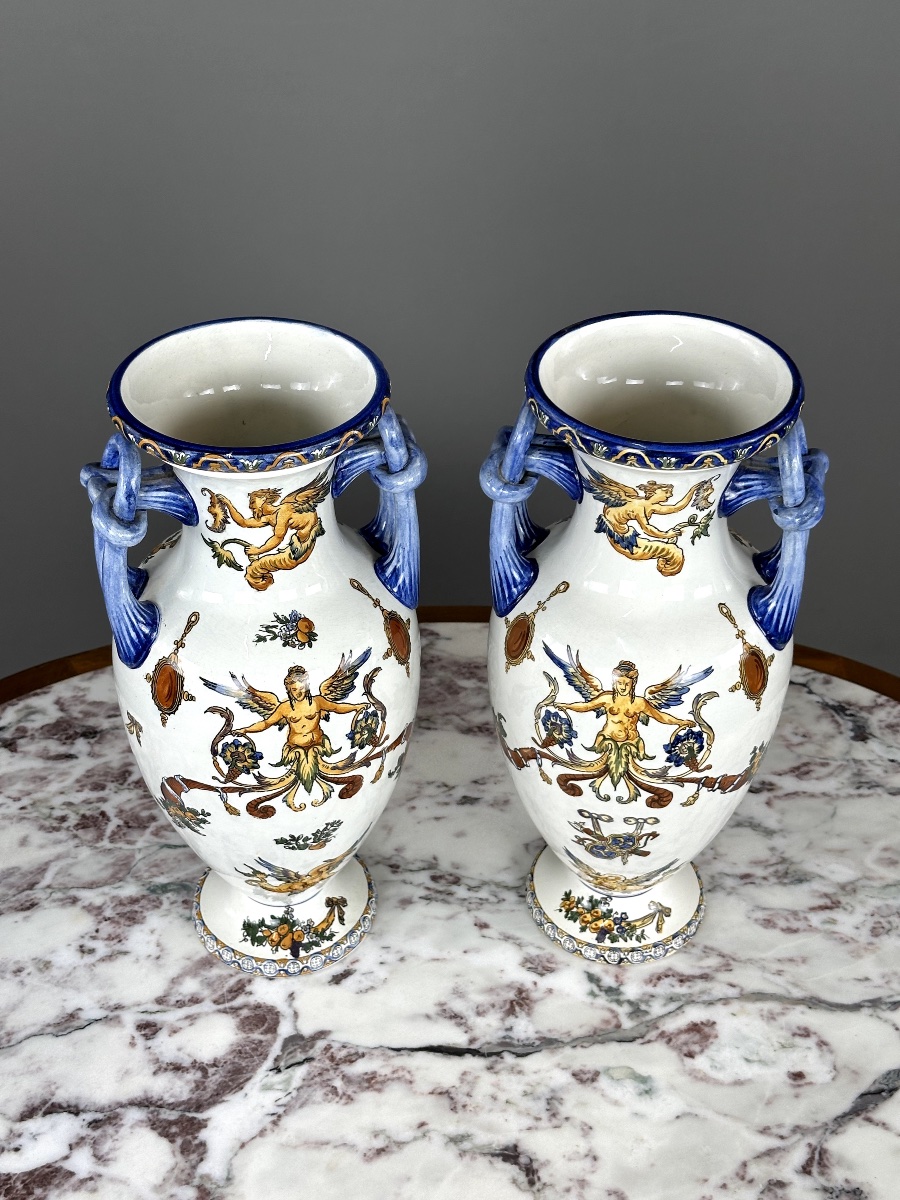 Pair Of Gien Vases, Renaissance Collection, 20th Century-photo-2