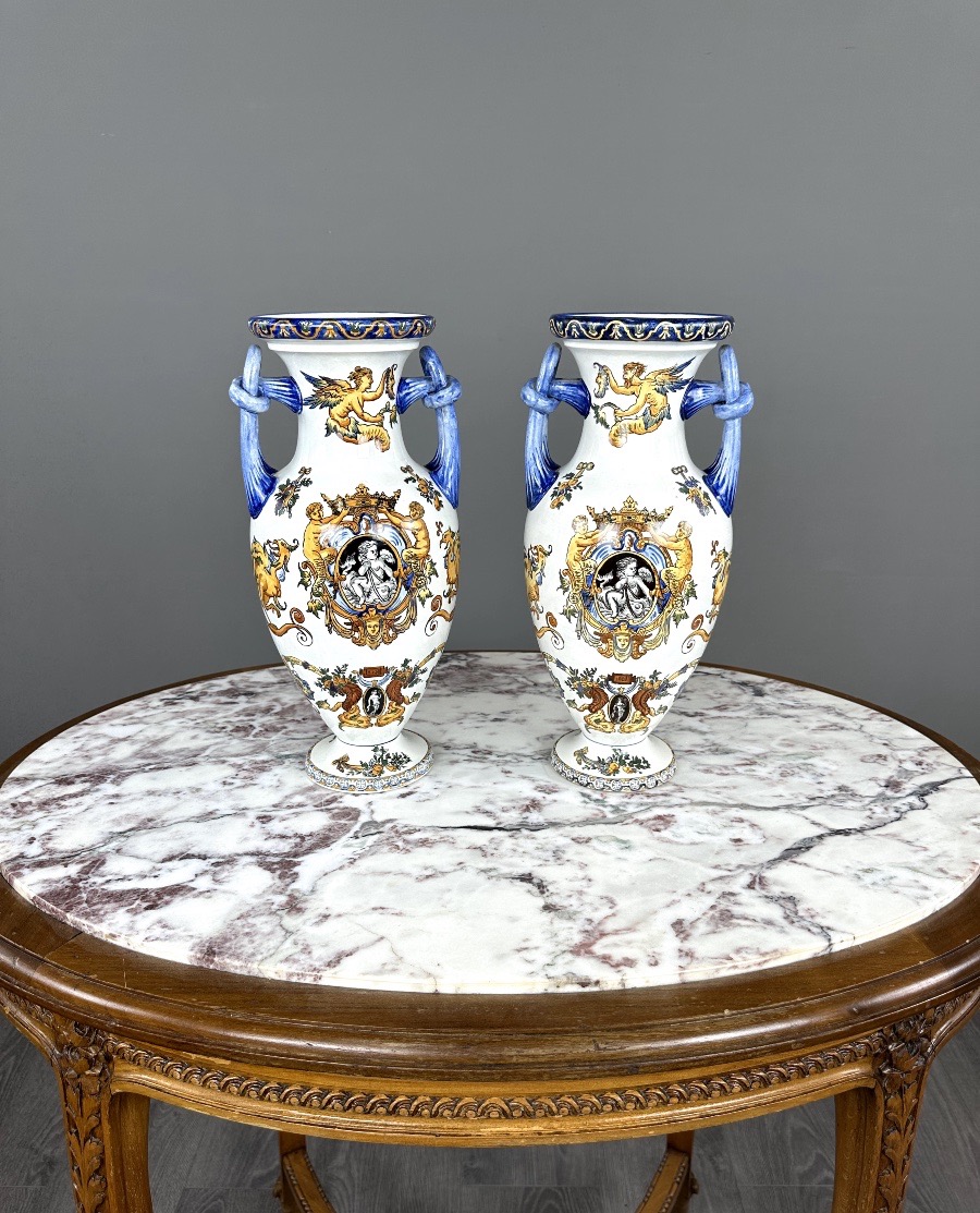 Pair Of Gien Vases, Renaissance Collection, 20th Century
