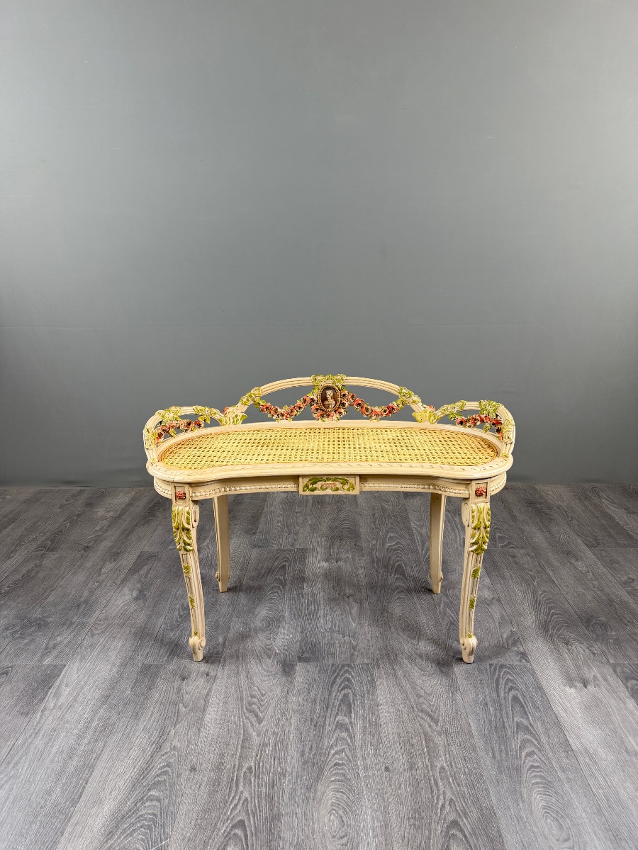 Louis XV-style Bench Made Of Painted Wood And Cane, 19th Century-photo-2