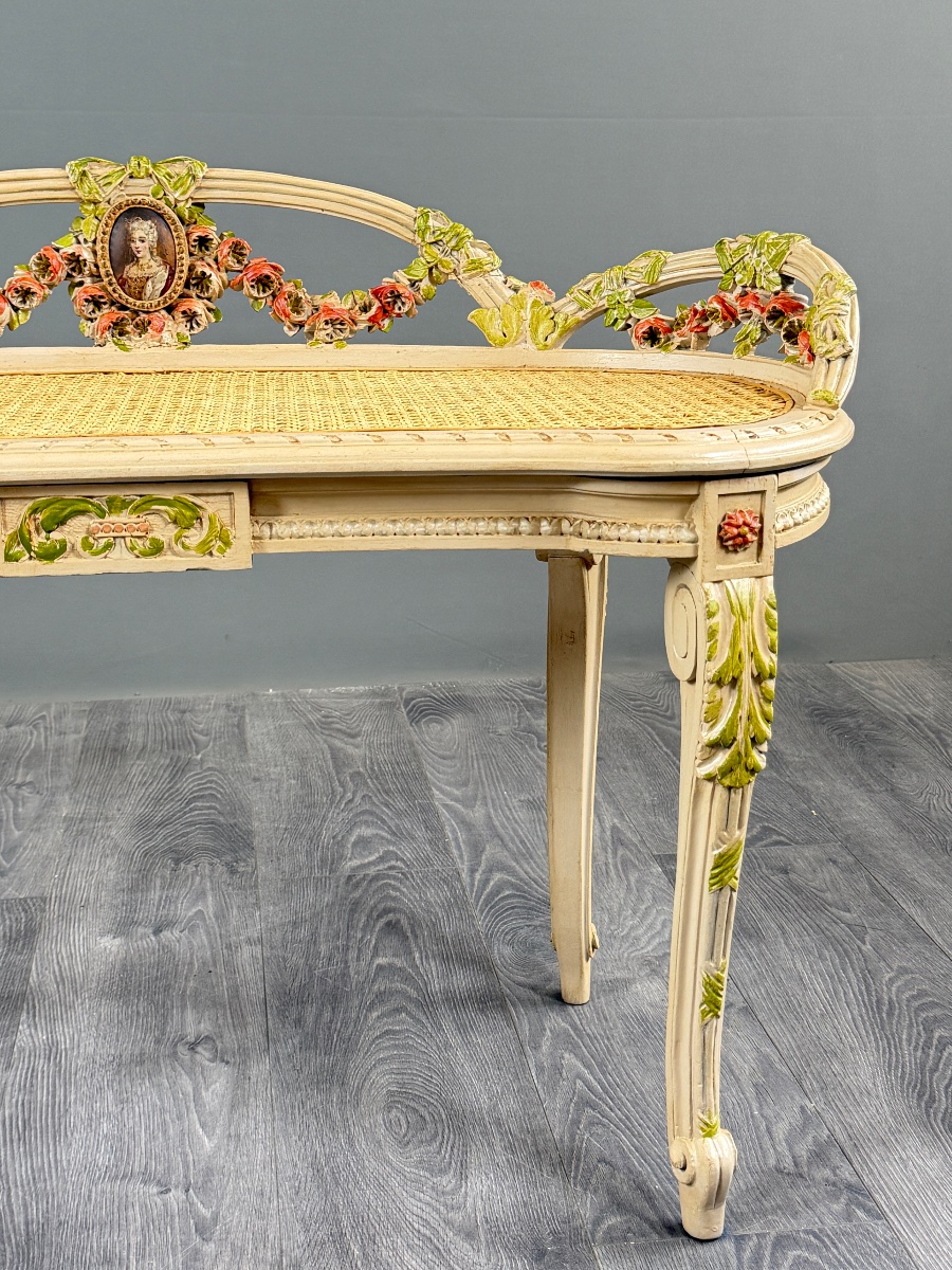 Louis XV-style Bench Made Of Painted Wood And Cane, 19th Century-photo-3