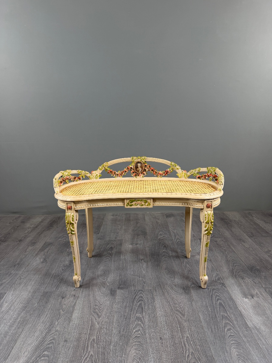 Louis XV-style Bench Made Of Painted Wood And Cane, 19th Century-photo-4