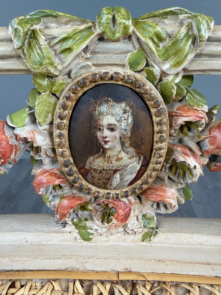 Louis XV-style Bench Made Of Painted Wood And Cane, 19th Century-photo-2
