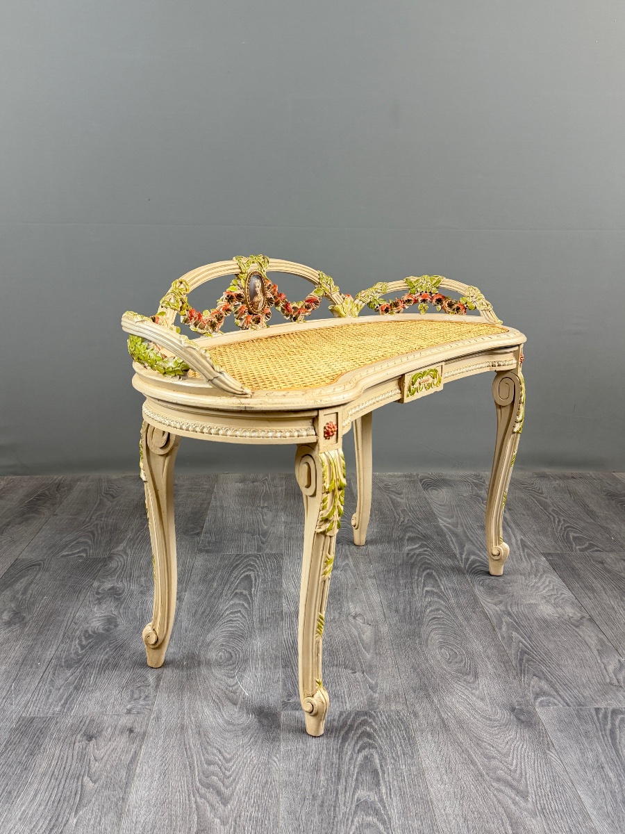 Louis XV-style Bench Made Of Painted Wood And Cane, 19th Century-photo-3