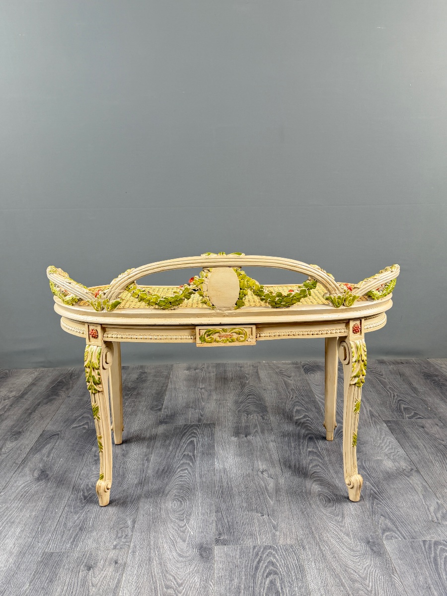 Louis XV-style Bench Made Of Painted Wood And Cane, 19th Century-photo-5