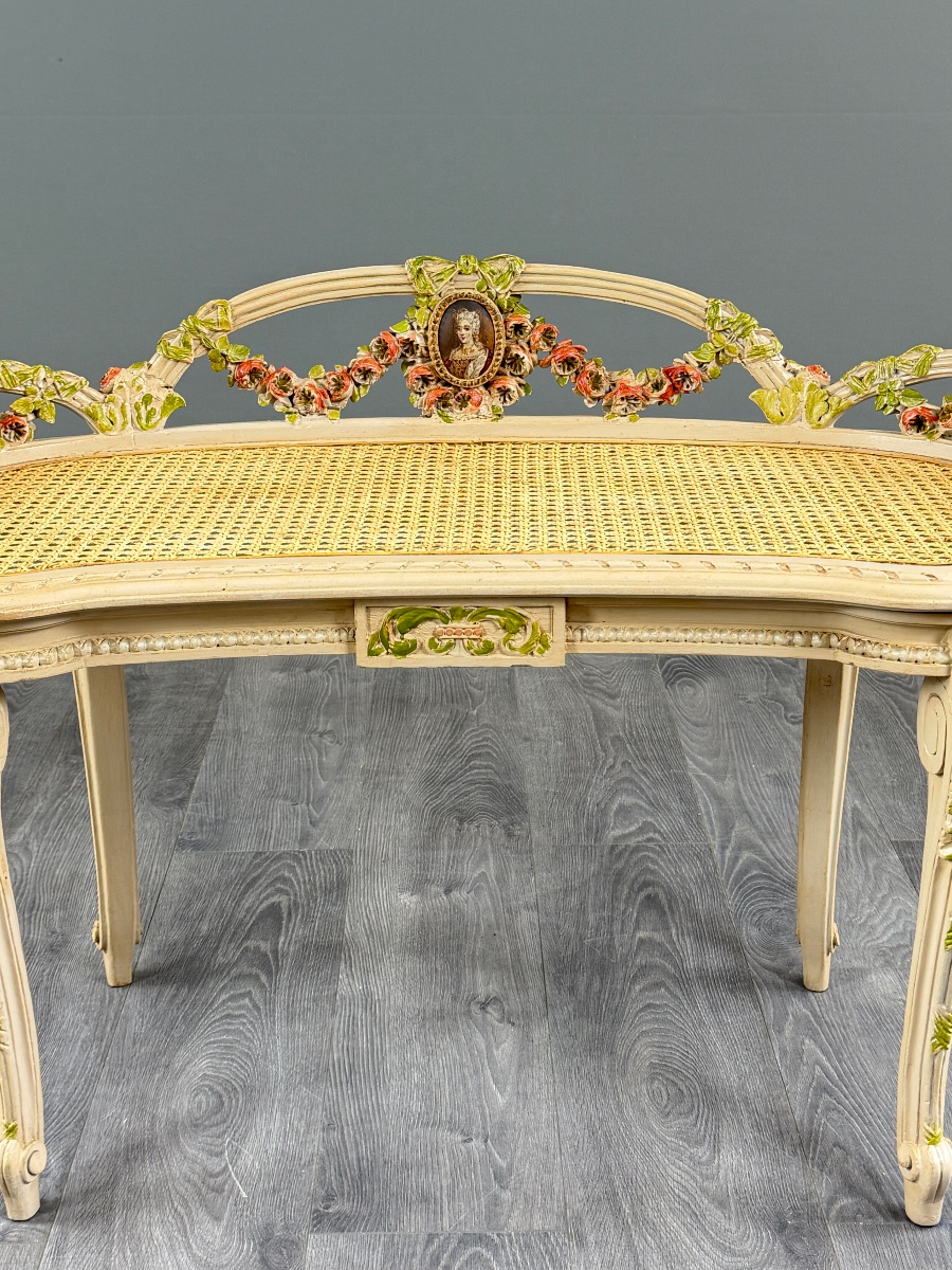 Louis XV-style Bench Made Of Painted Wood And Cane, 19th Century-photo-6