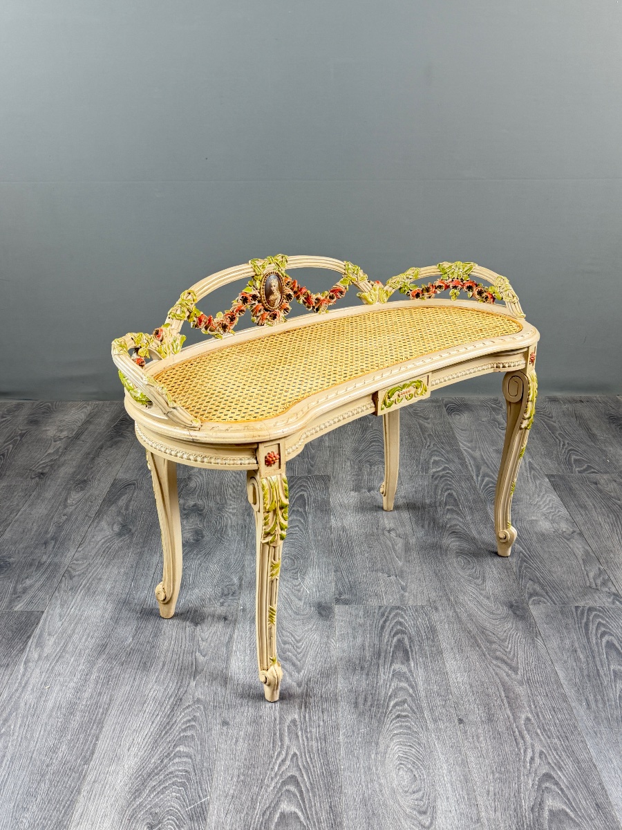 Louis XV-style Bench Made Of Painted Wood And Cane, 19th Century-photo-8