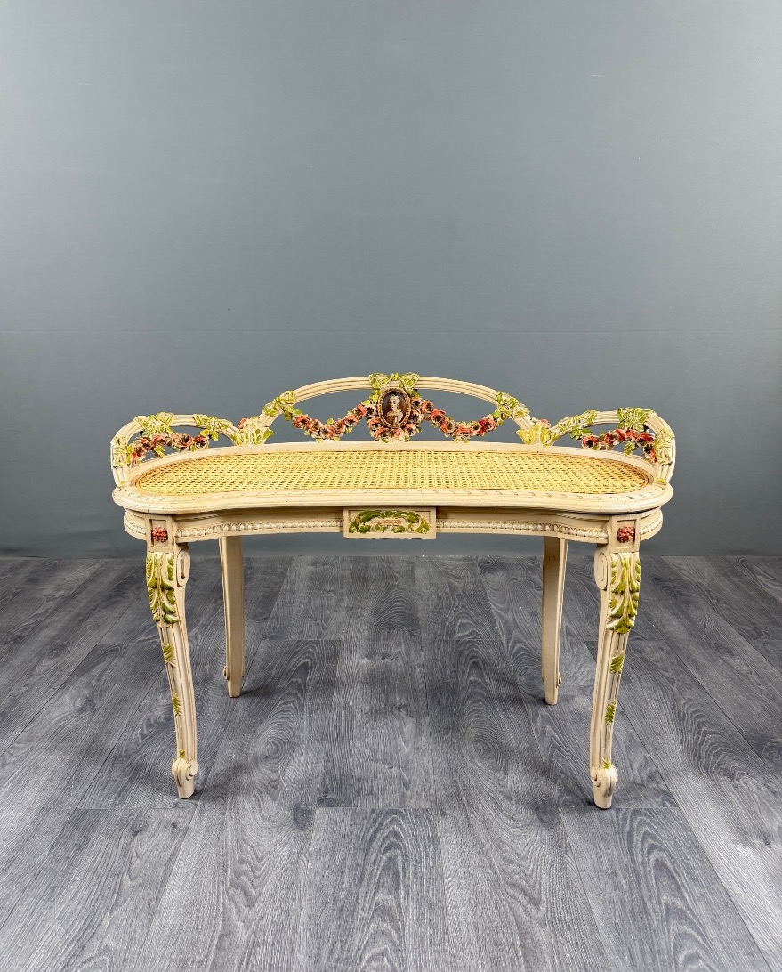 Louis XV-style Bench Made Of Painted Wood And Cane, 19th Century