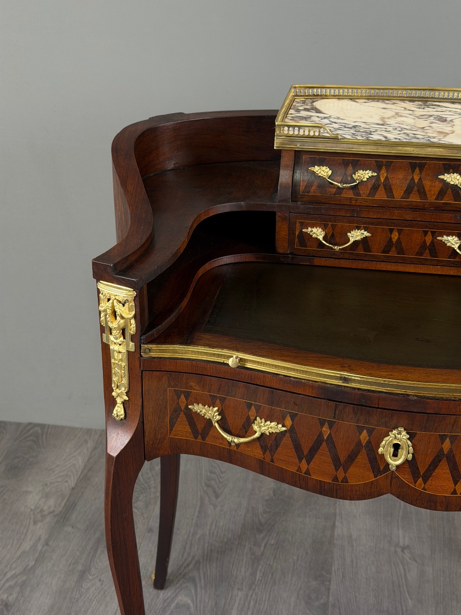 Bureau de dame Napoléon III en marqueterie et bronze doré, XIXe Siècle-photo-1