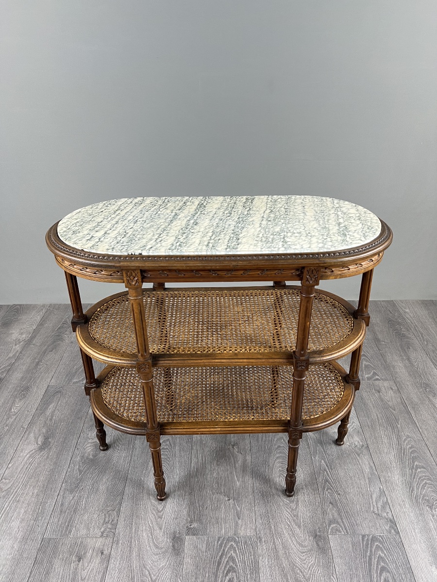 Louis XVI-style Serving Table Made Of Carved Wood, Marble, And Cane, 19th Century-photo-2