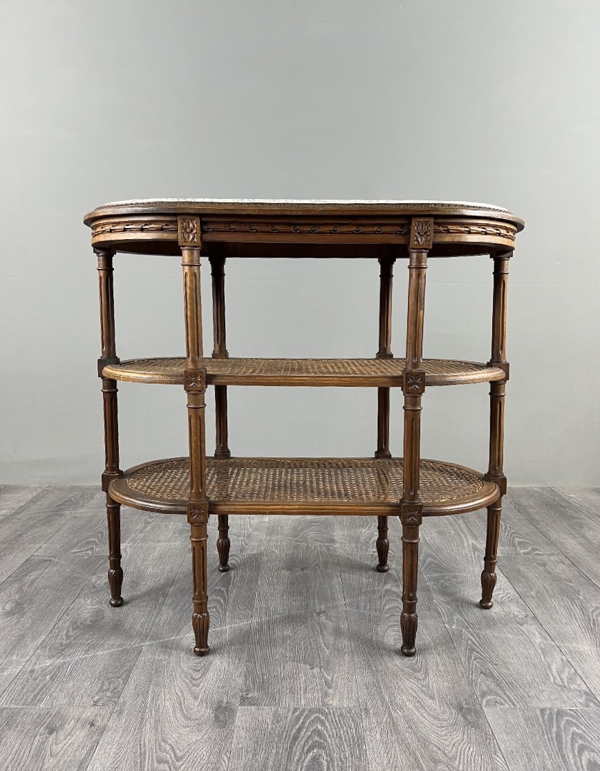 Louis XVI-style Serving Table Made Of Carved Wood, Marble, And Cane, 19th Century-photo-4