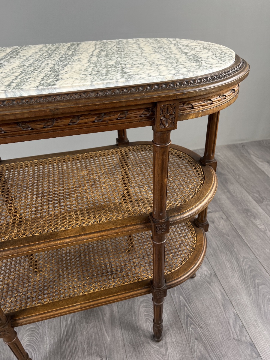 Louis XVI-style Serving Table Made Of Carved Wood, Marble, And Cane, 19th Century-photo-1