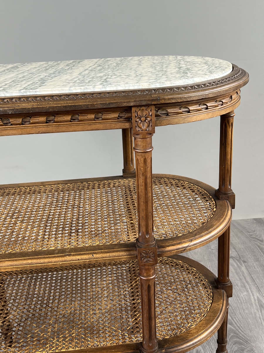 Louis XVI-style Serving Table Made Of Carved Wood, Marble, And Cane, 19th Century-photo-3