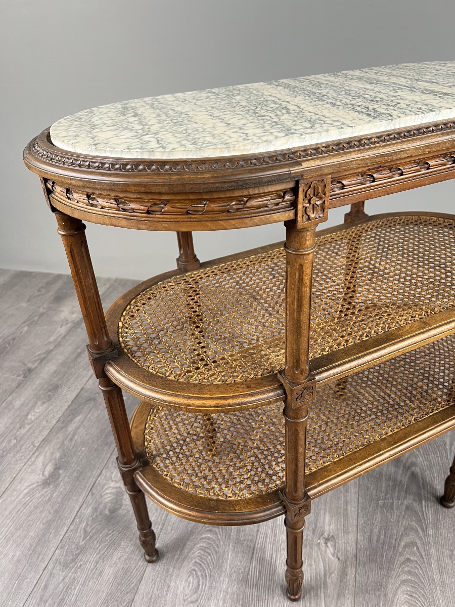 Louis XVI-style Serving Table Made Of Carved Wood, Marble, And Cane, 19th Century-photo-5
