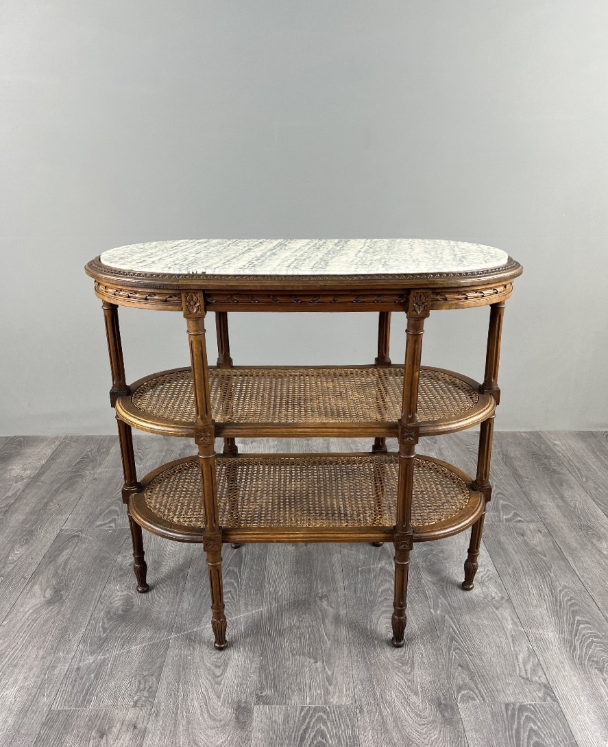 Louis XVI-style Serving Table Made Of Carved Wood, Marble, And Cane, 19th Century