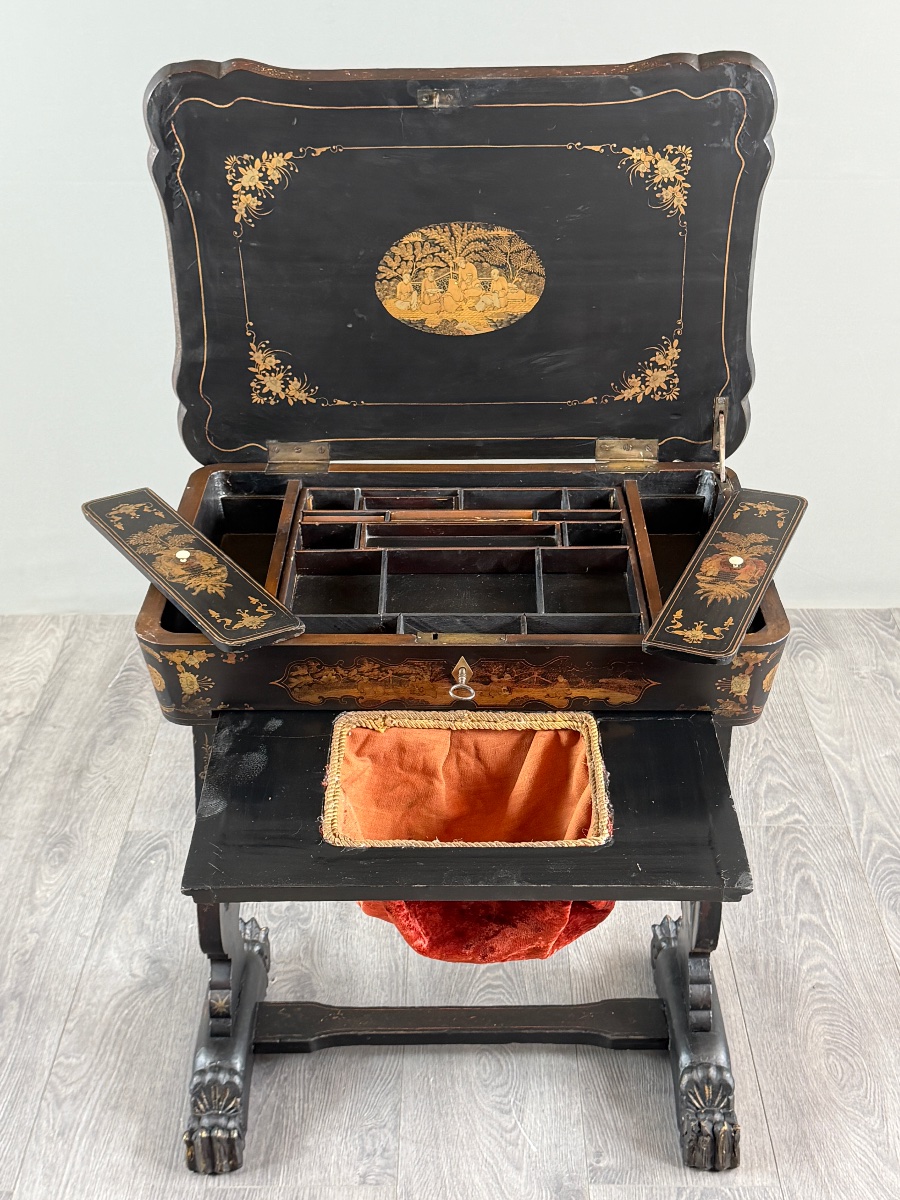Meuble nécessaire de couture Napoléon III en bois noirci, XIXe Siècle-photo-2