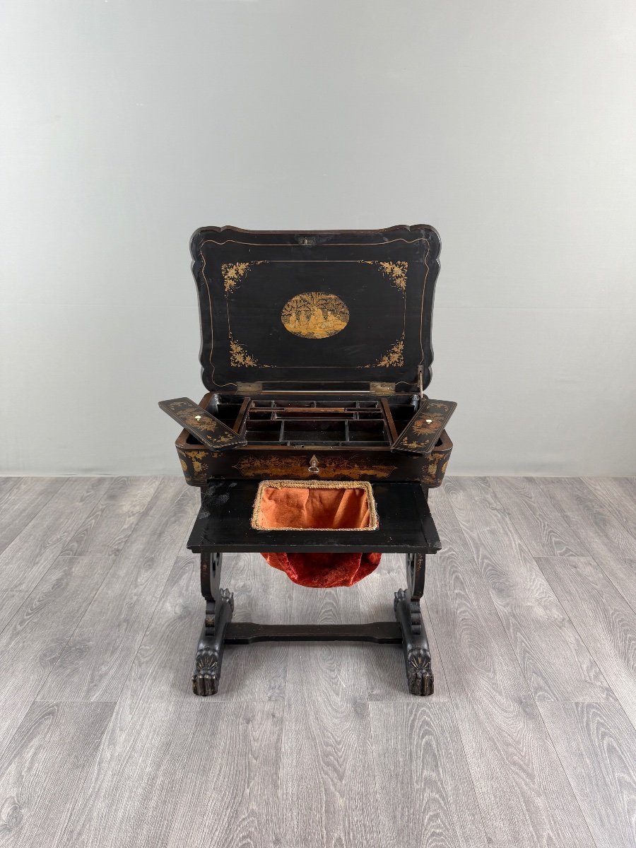 Meuble nécessaire de couture Napoléon III en bois noirci, XIXe Siècle-photo-3