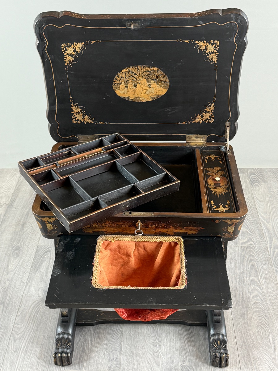 Meuble nécessaire de couture Napoléon III en bois noirci, XIXe Siècle-photo-4